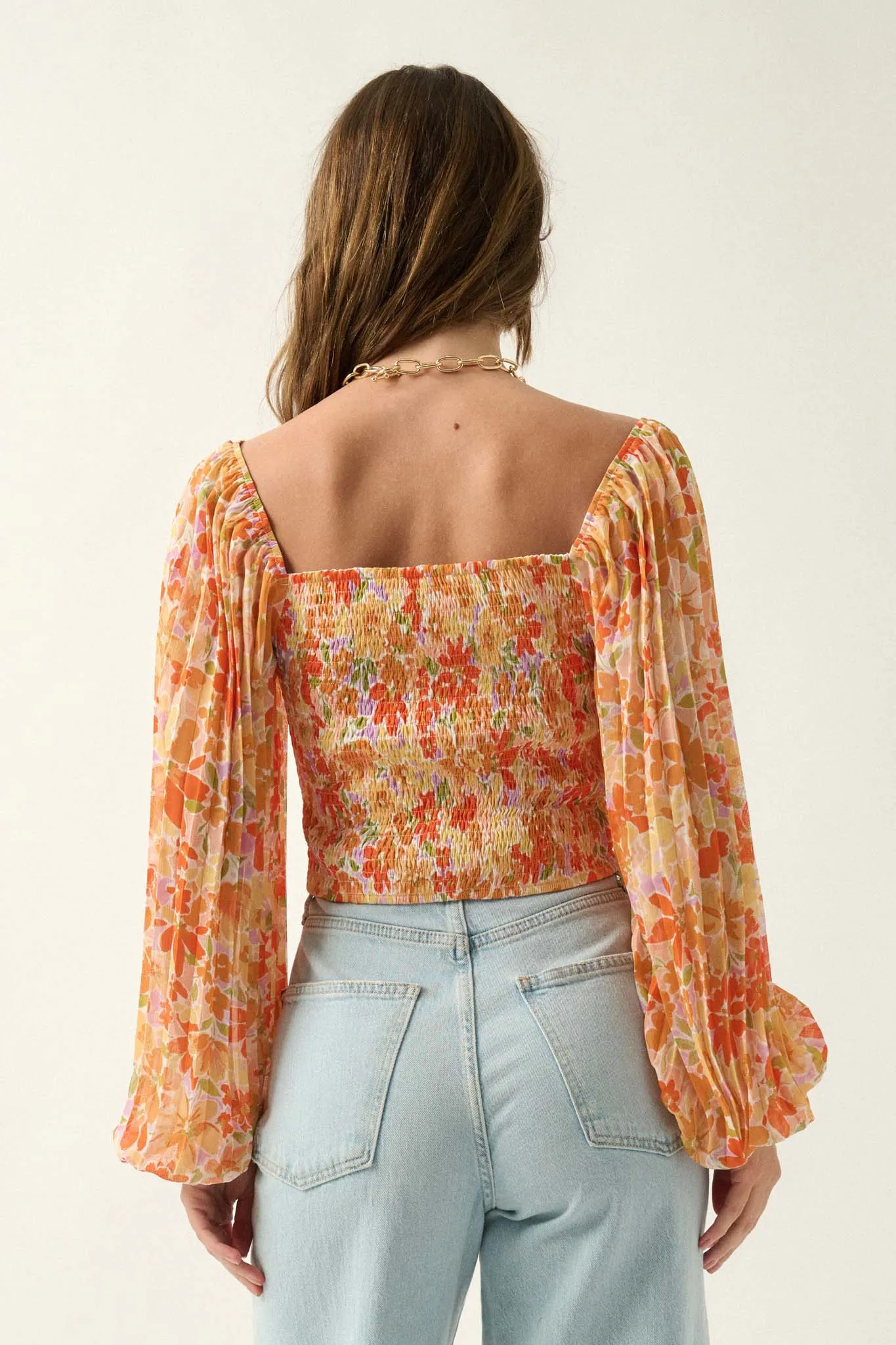 Apricot Kiss Ruched Floral Chiffon Pleated-Sleeve Top