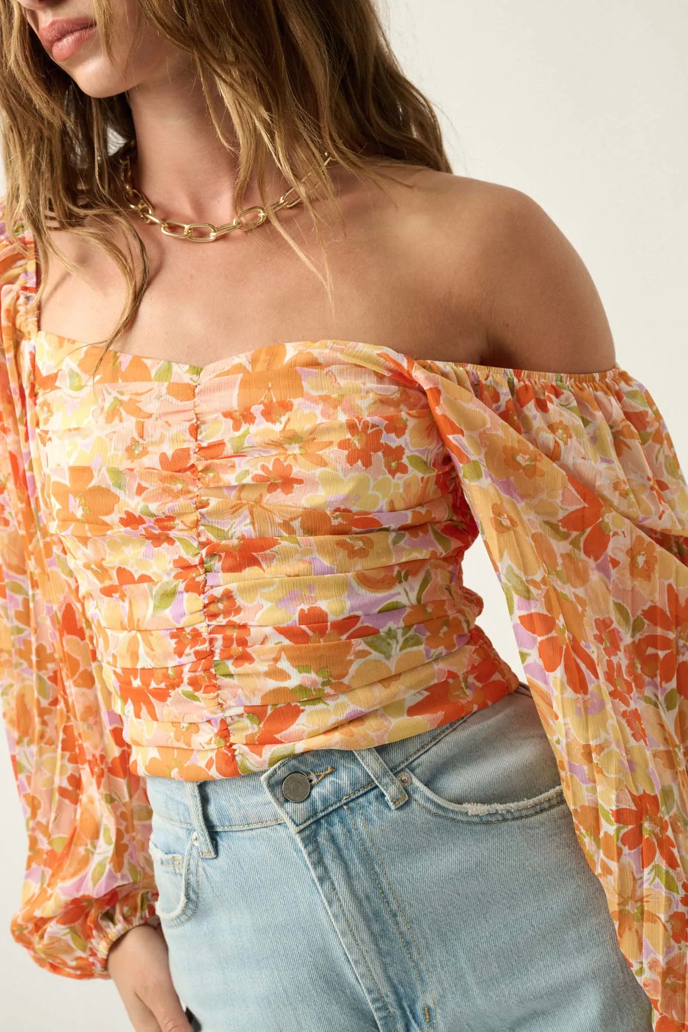 Apricot Kiss Ruched Floral Chiffon Pleated-Sleeve Top