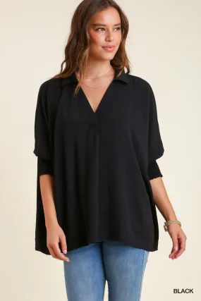 Black Boxy Cut Collared Blouse