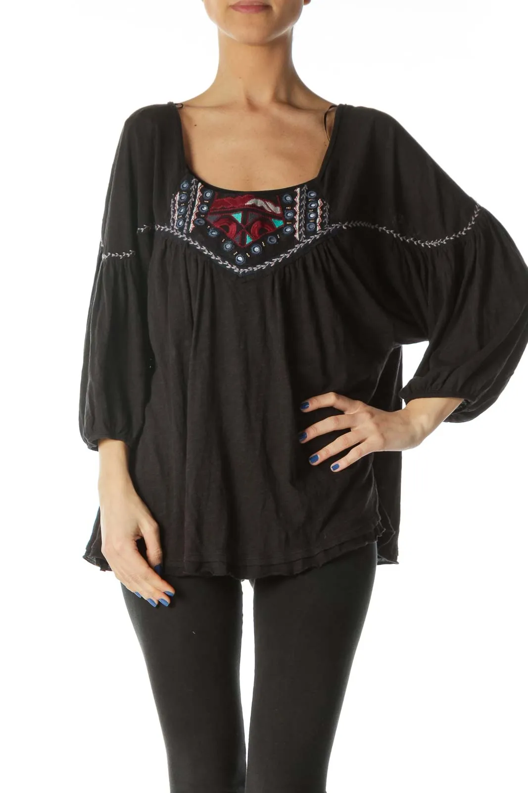 Black Embroidered Boho Peasant Top