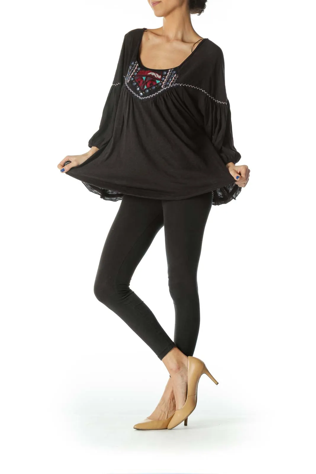 Black Embroidered Boho Peasant Top