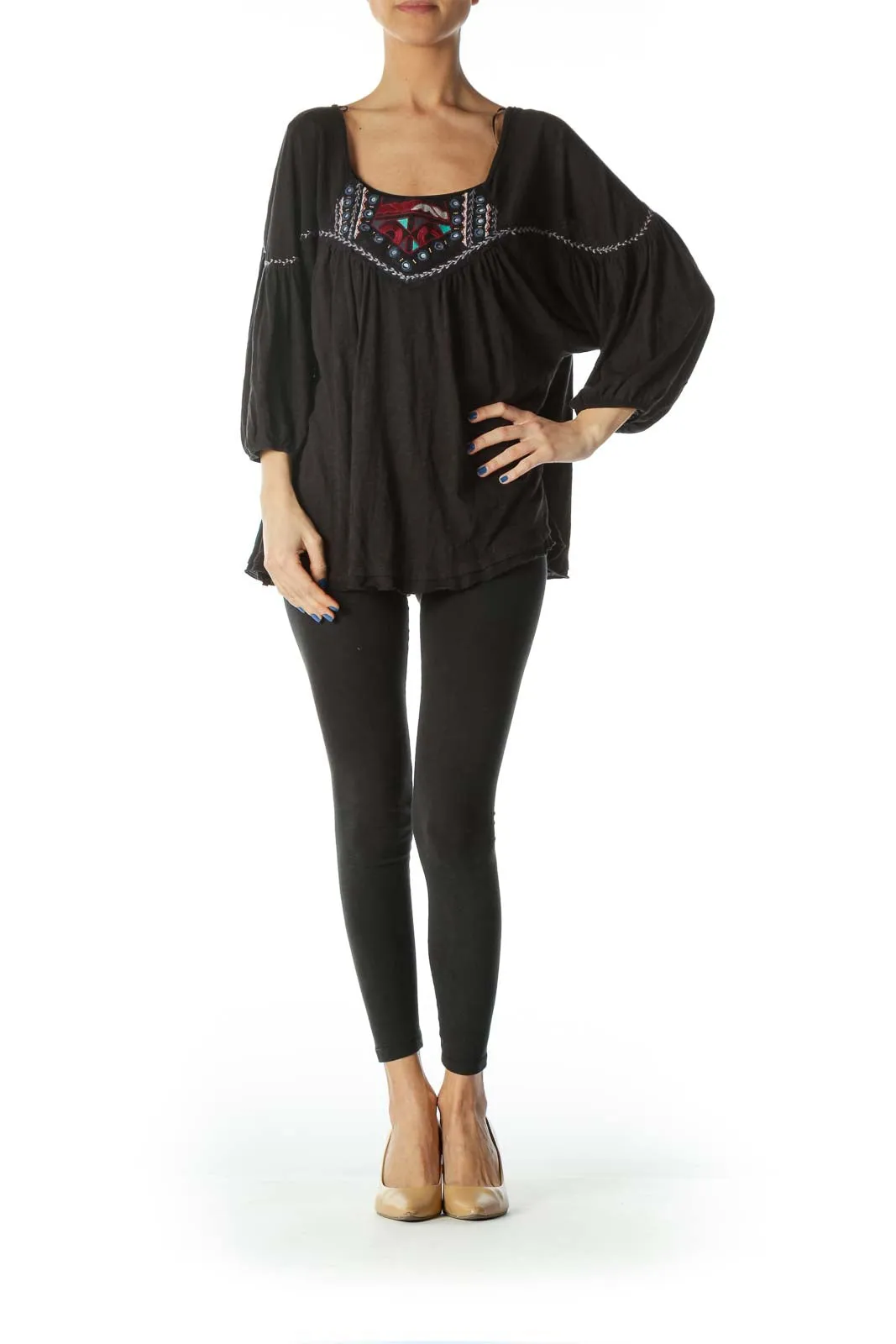 Black Embroidered Boho Peasant Top