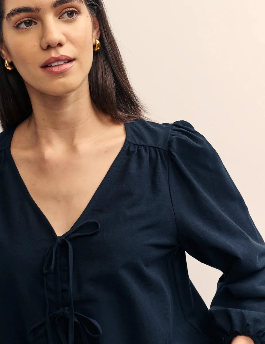 Black Linen-Blend Tie Front Bernadetta Blouse