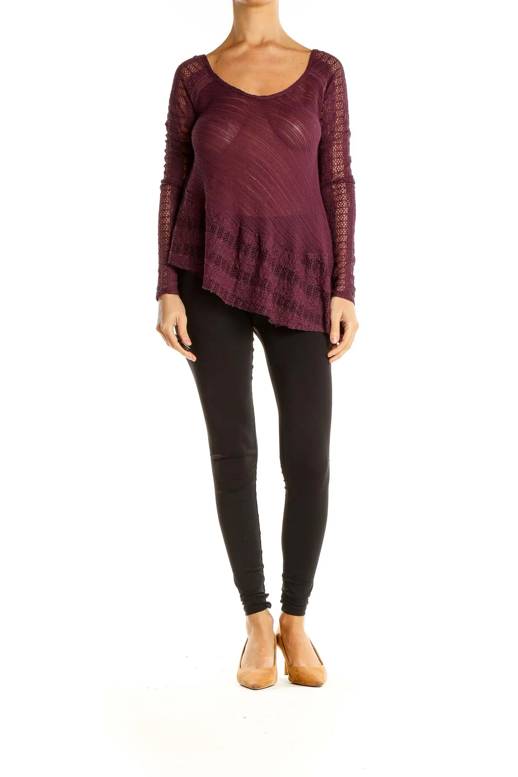 Burgundy Asymmetrical Lace Sleeve Top