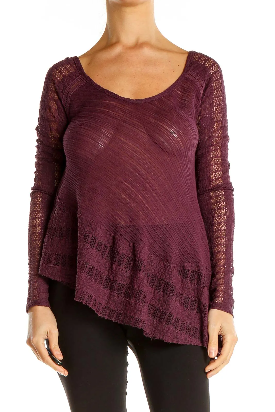 Burgundy Asymmetrical Lace Sleeve Top