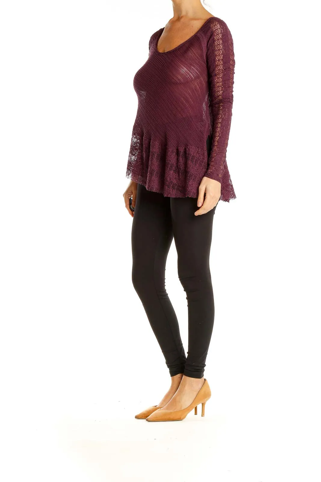 Burgundy Asymmetrical Lace Sleeve Top