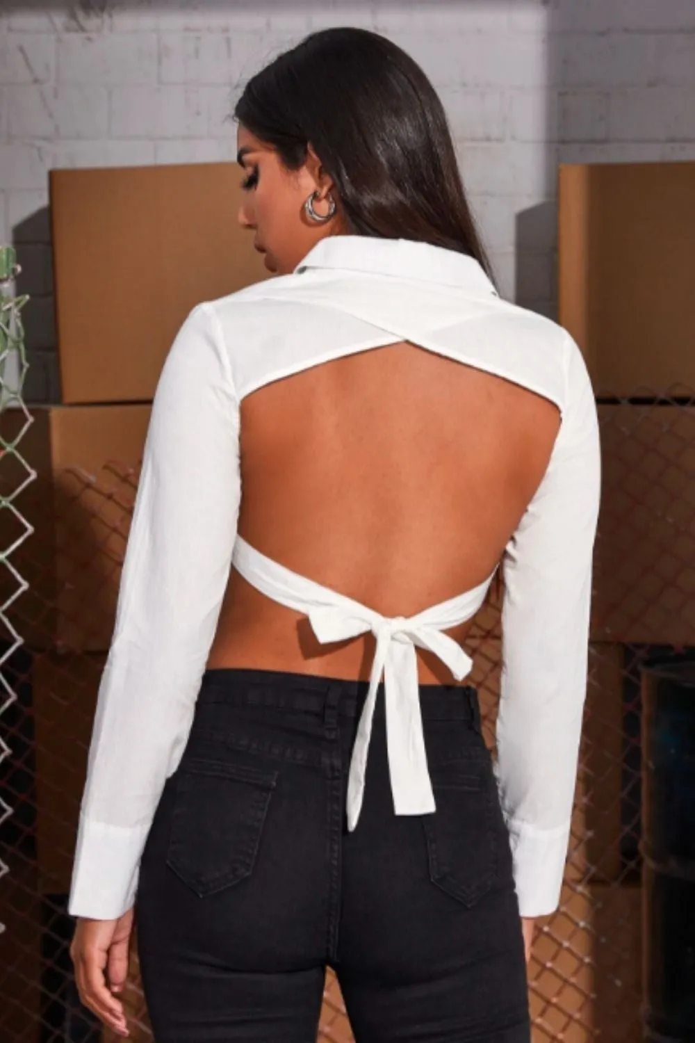 Buttoned Asymmetrical Hem Open-Back Cropped Shirt