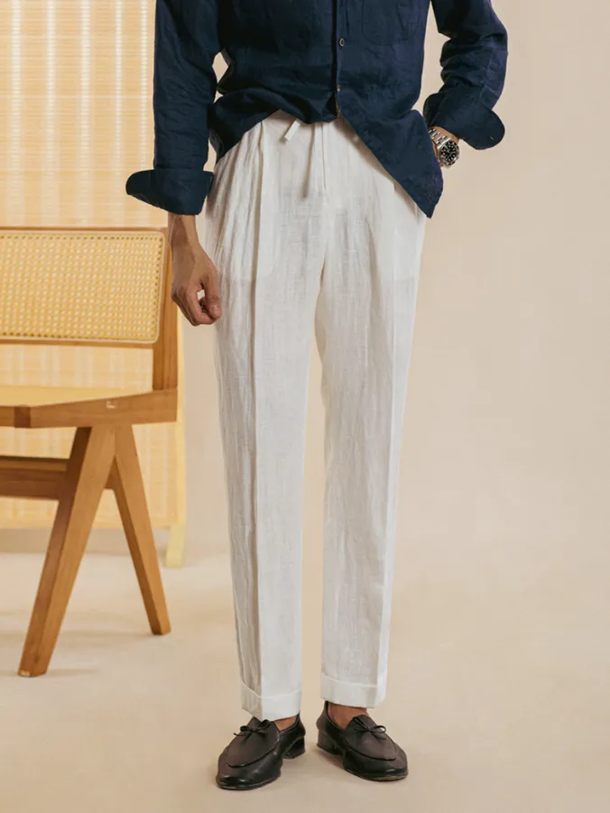 Casual Elastic Waist Linen Trousers