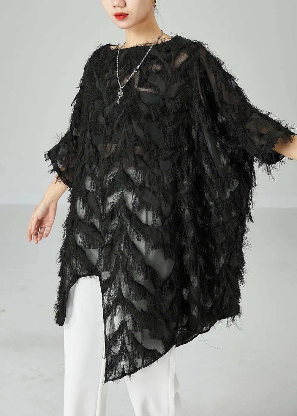 Chic Black Asymmetrical Oversized Fluffy Tulle Long Tops Bracelet Sleeve LY2416