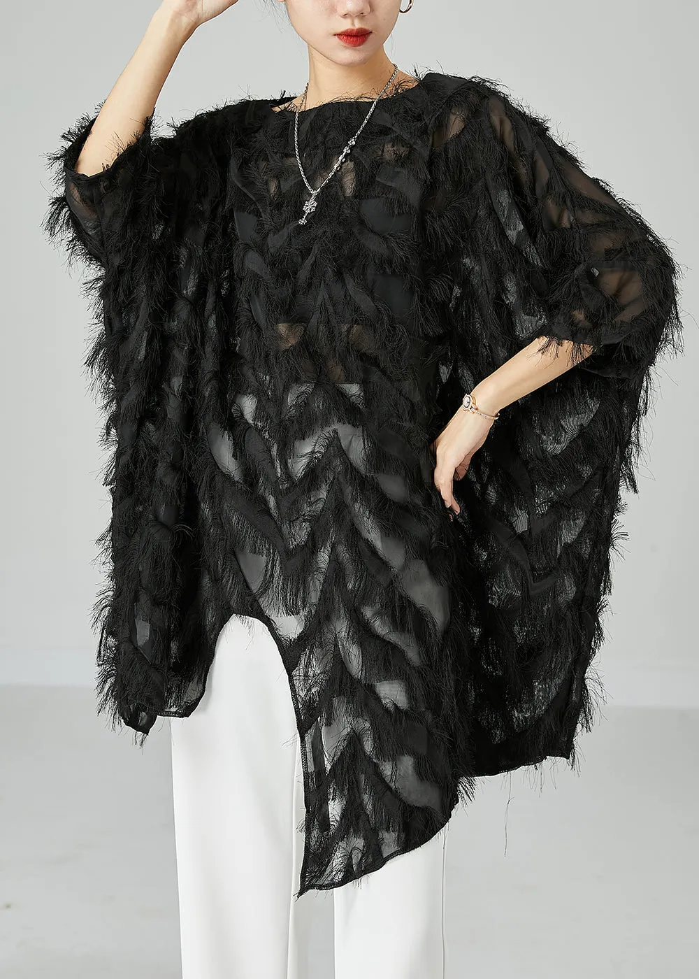 Chic Black Asymmetrical Oversized Fluffy Tulle Long Tops Bracelet Sleeve LY2416