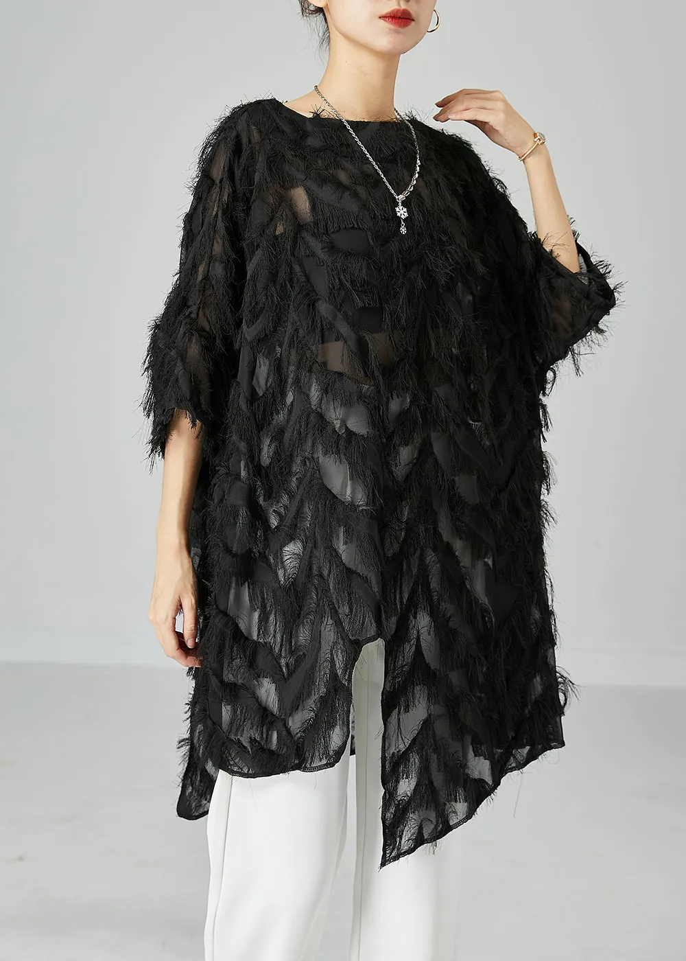 Chic Black Asymmetrical Oversized Fluffy Tulle Long Tops Bracelet Sleeve LY2416