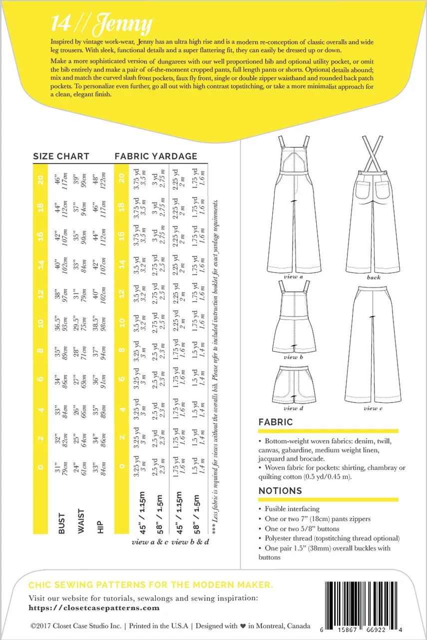 Closet Core Patterns - Jenny Trousers & Overalls