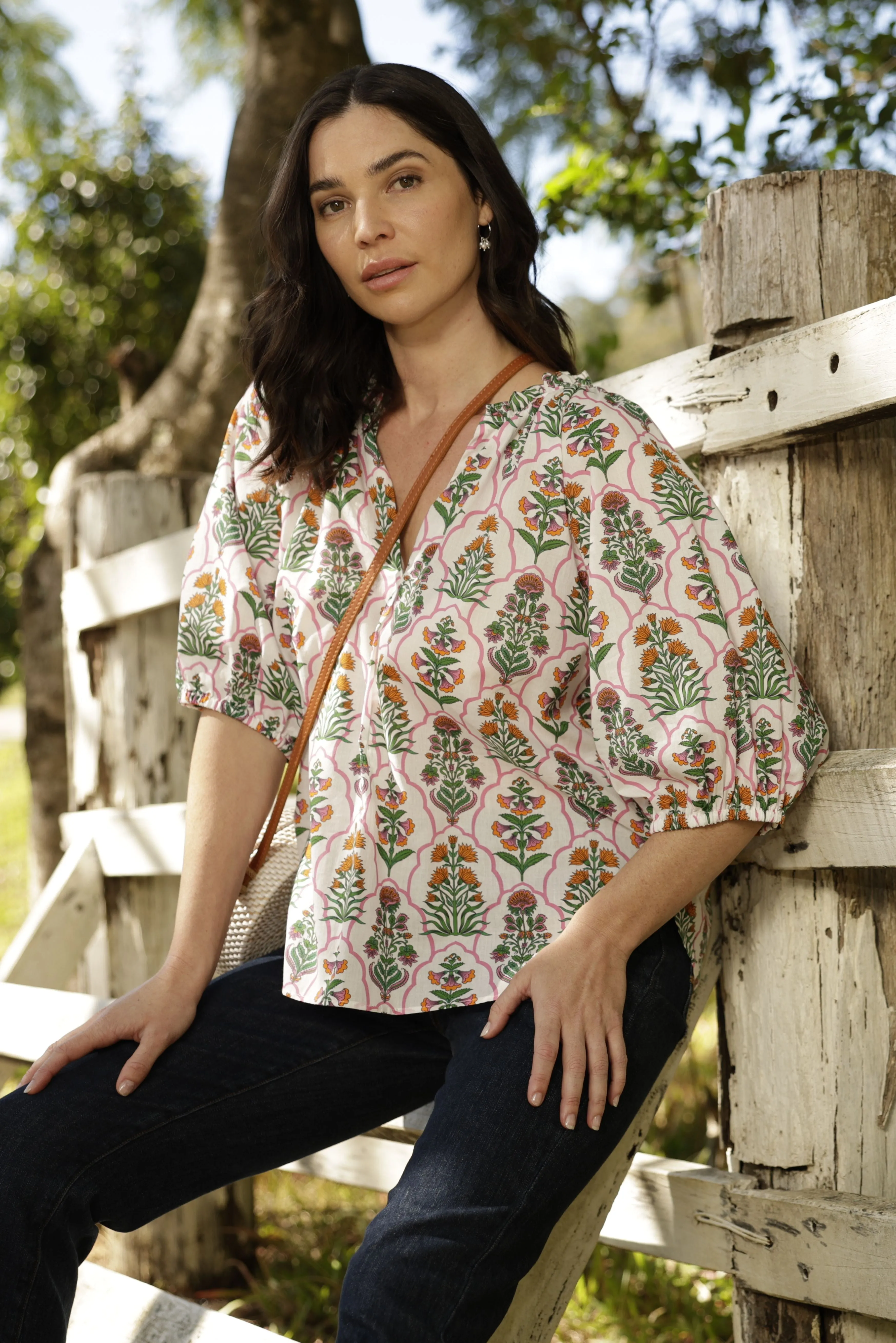 Cotton Mosaic Print Peasant Top