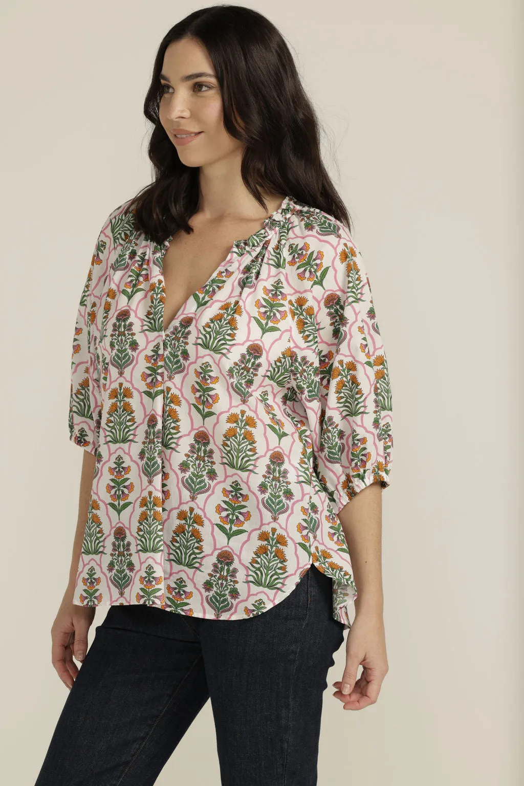 Cotton Mosaic Print Peasant Top