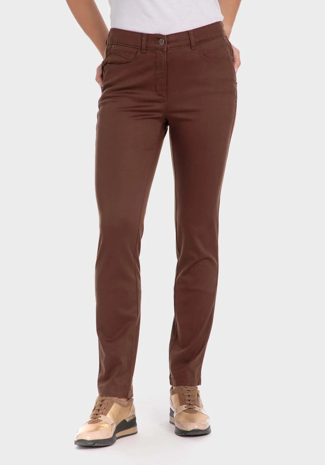 Cotton Trousers With Elastic - Brown Chestnut