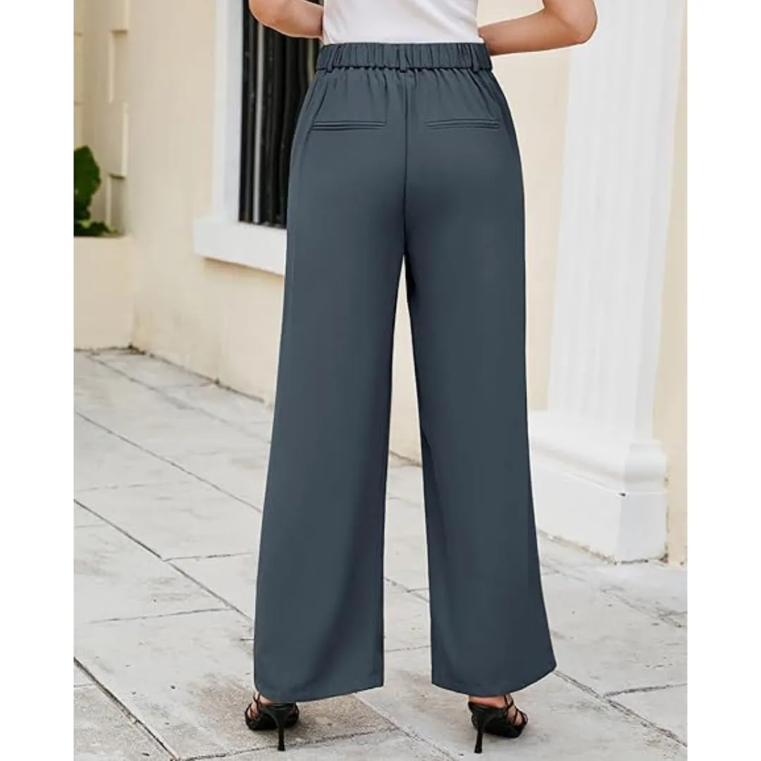 Dark Grey Elastic Waist Trousers for Women, Summer Trousers Wide Leg Pants with Pockets