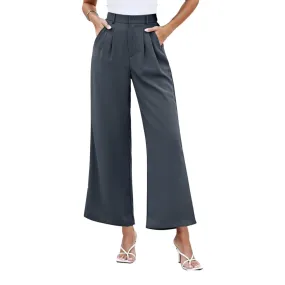 Dark Grey Elastic Waist Trousers for Women, Summer Trousers Wide Leg Pants with Pockets