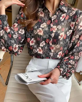 Deanwangkt - Floral Print Lantern Sleeve Button Up Top