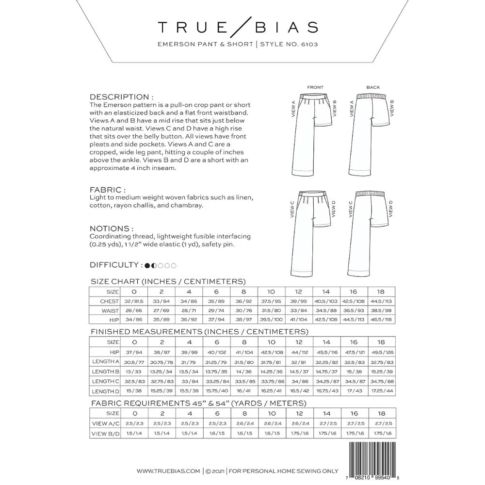 Emerson Pant & Short Pattern - True Bias