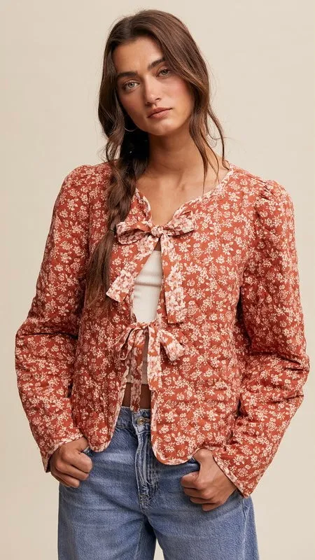 Fem Floral Bow Tie Quilted Jacket