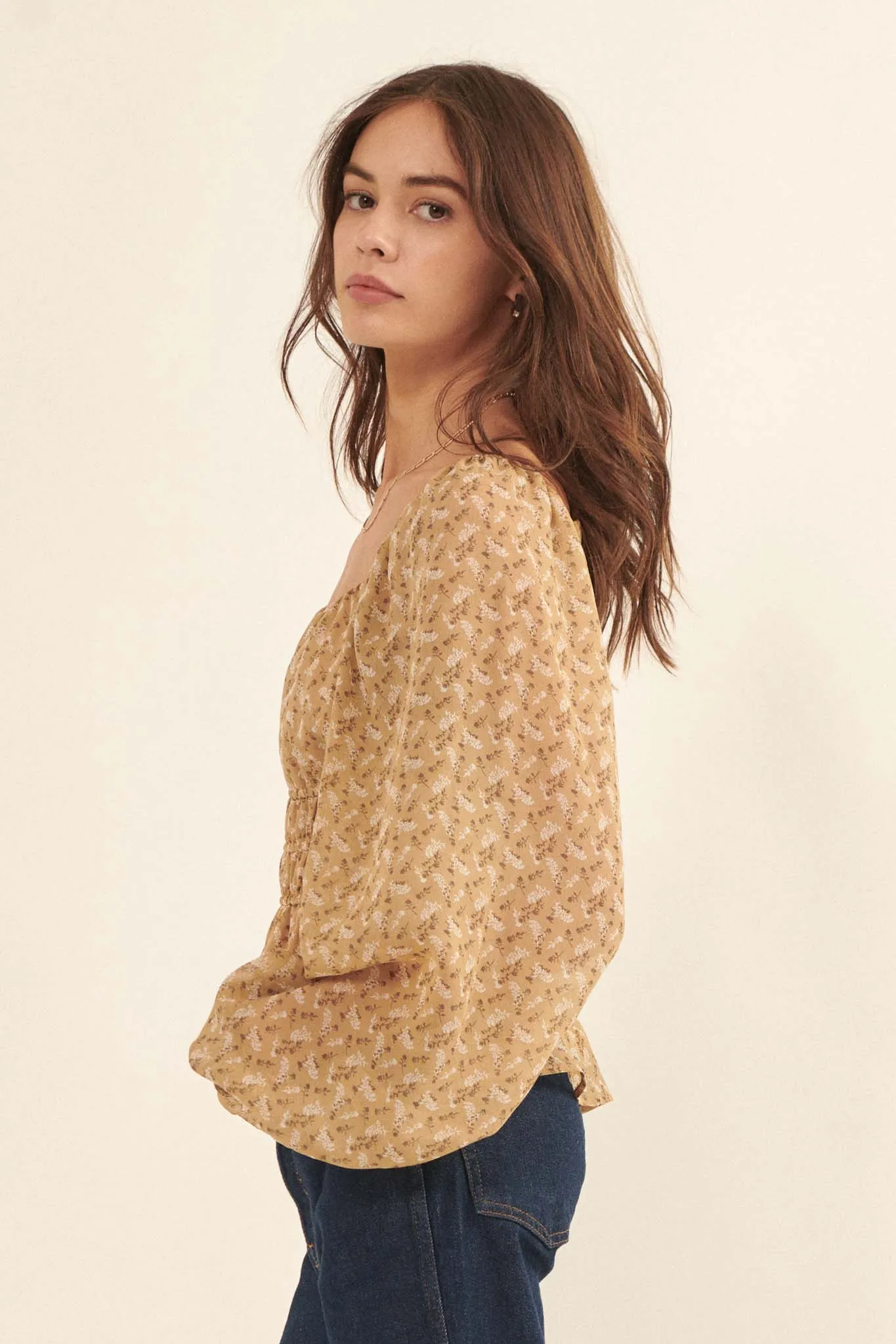 Fields of Joy Floral Chiffon Peasant Top