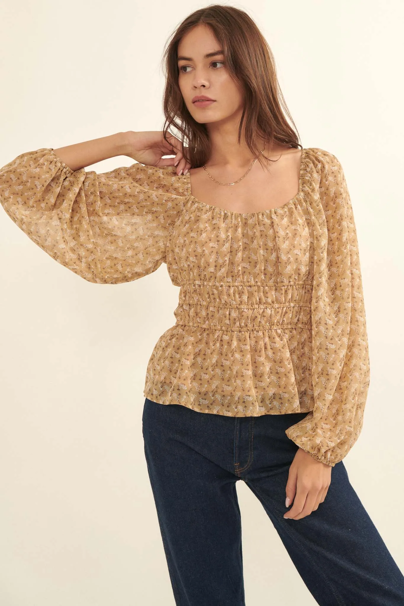 Fields of Joy Floral Chiffon Peasant Top