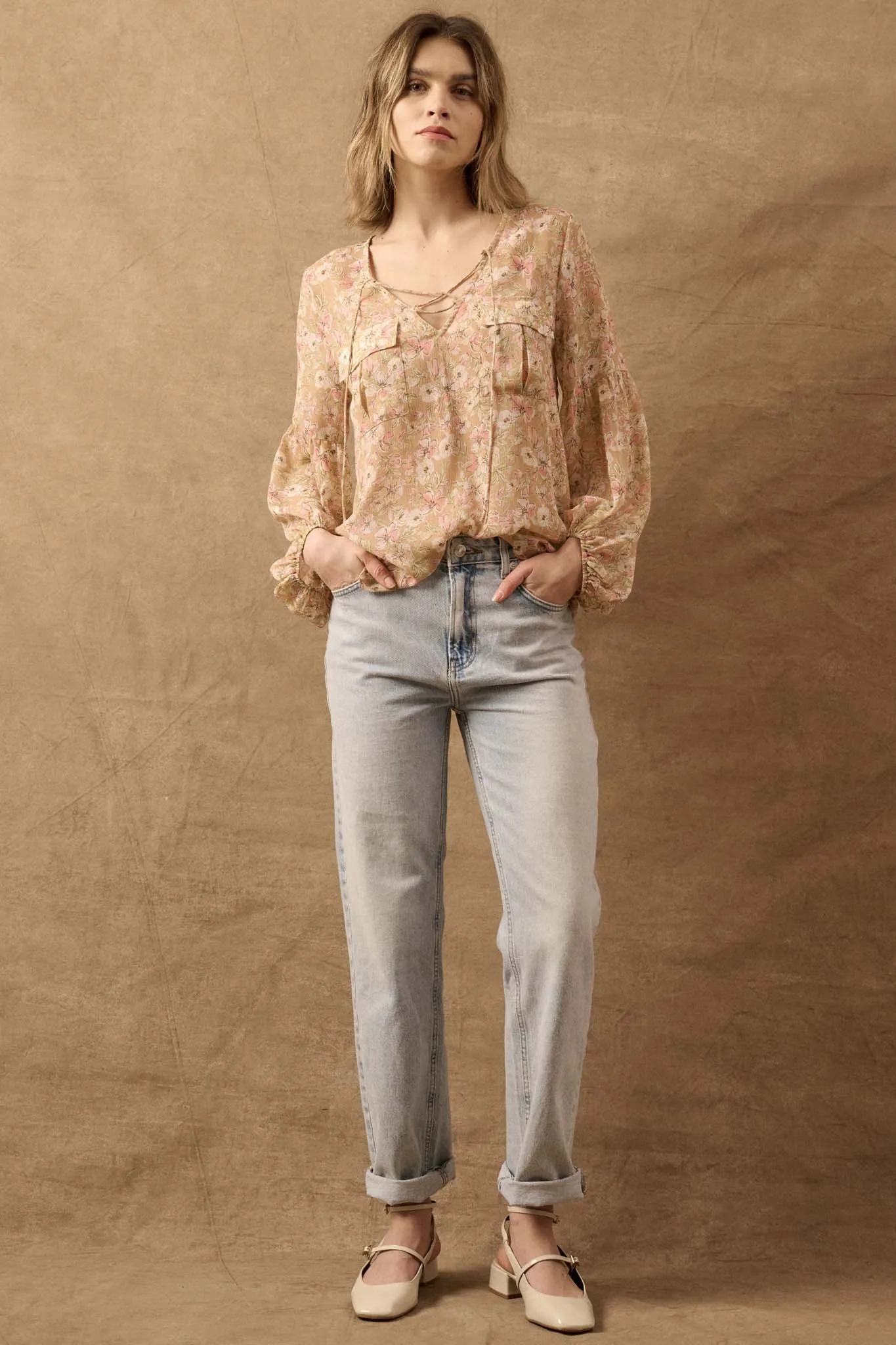 Floral Flair Lace-Up Floral Chiffon Peasant Top