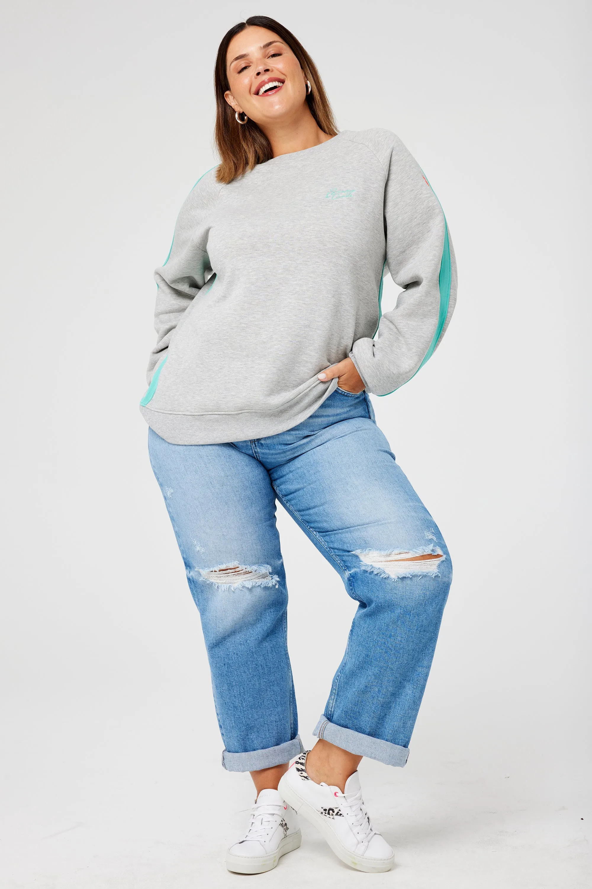 Grey Marl with Turquoise Colourblock Relaxed Sweatshirt