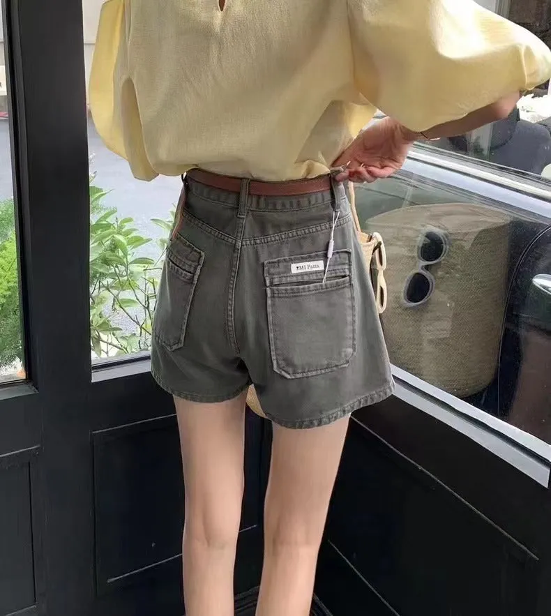 high-waisted, wide-legged A-shape denim shorts (4 colors option）