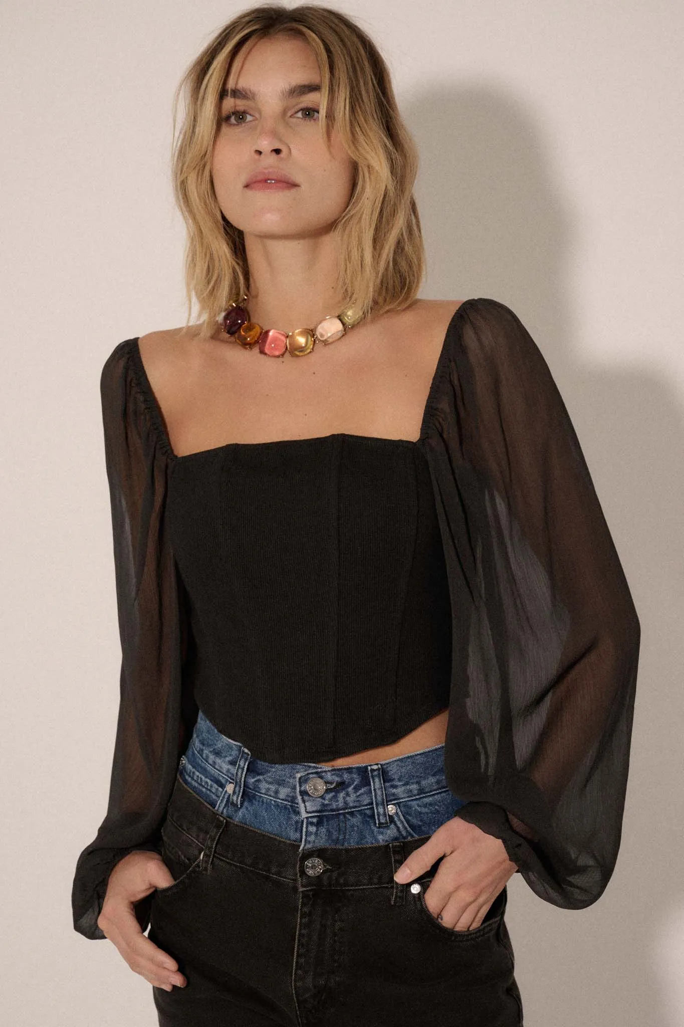 Legendary Love Chiffon-Sleeve Cropped Corset Top