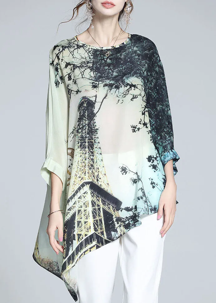 Loose Colorblock O-Neck Asymmetrical Print Silk Batwing Shirt Tops Summer LY0123