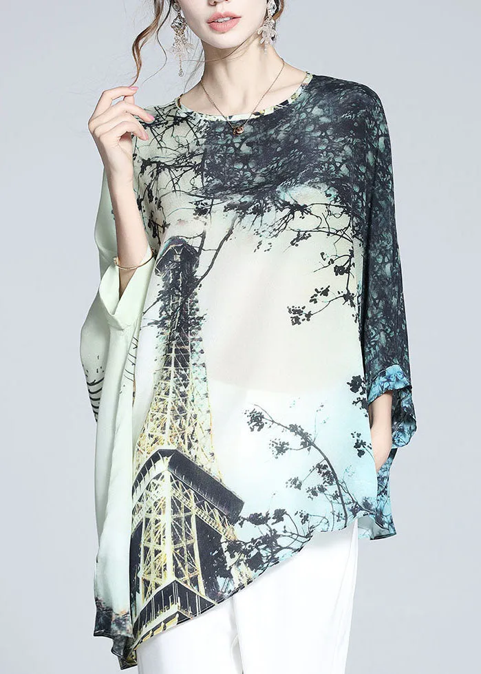 Loose Colorblock O-Neck Asymmetrical Print Silk Batwing Shirt Tops Summer LY0123