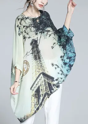 Loose Colorblock O-Neck Asymmetrical Print Silk Batwing Shirt Tops Summer LY0123