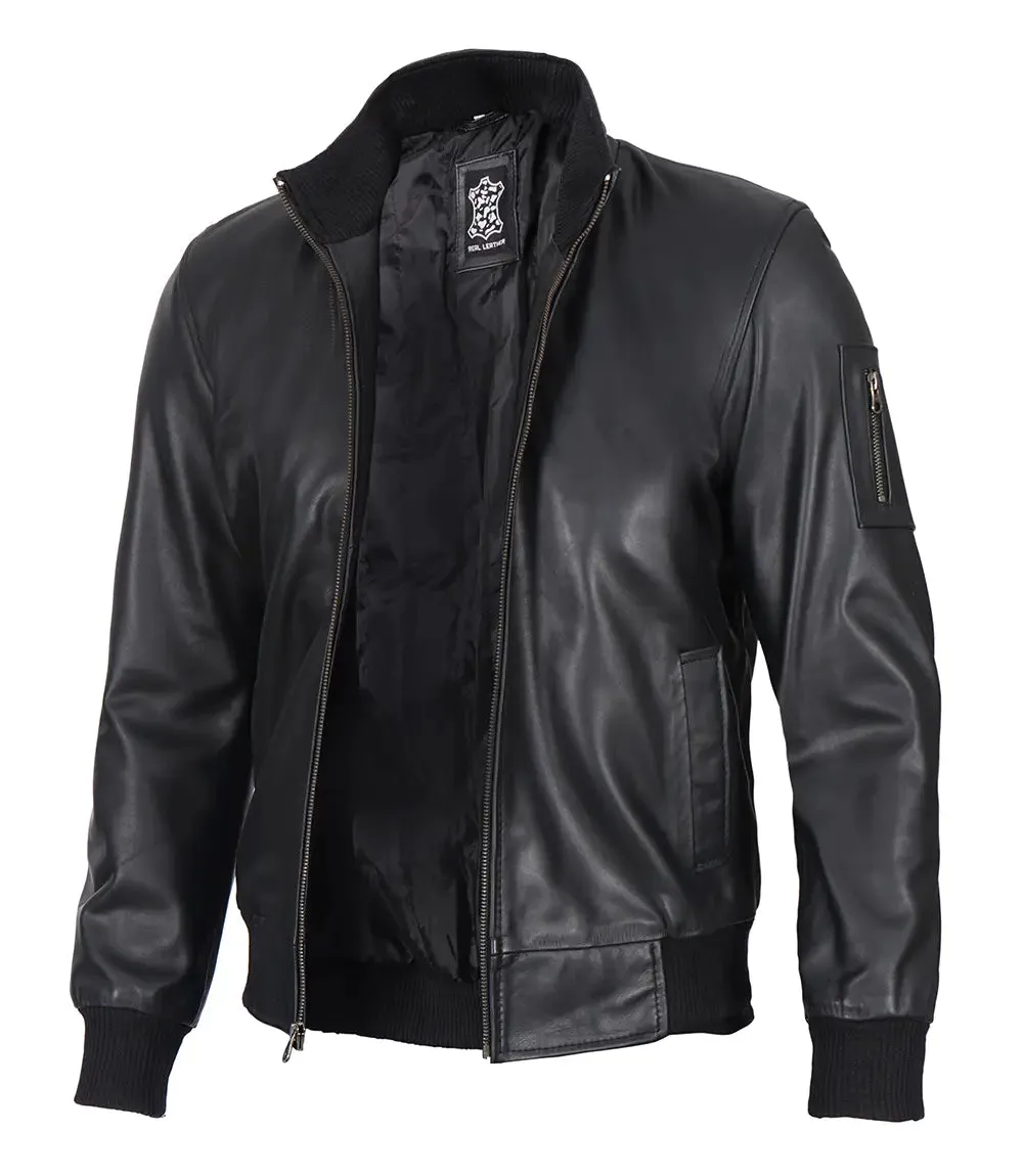 Men's Cafe Racer Black Leather Bomber Jacket