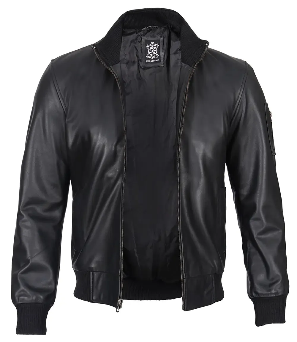 Men's Cafe Racer Black Leather Bomber Jacket