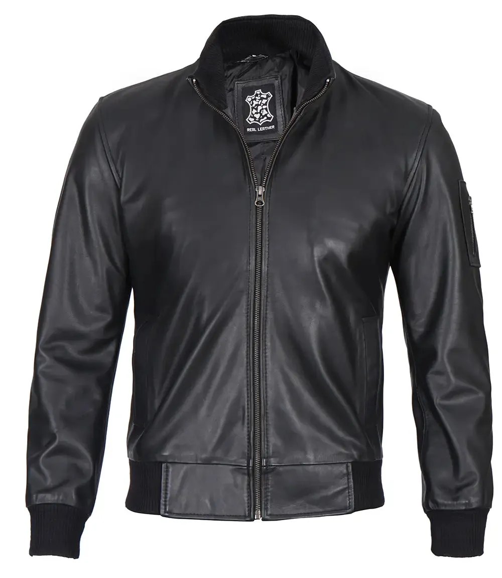 Men's Cafe Racer Black Leather Bomber Jacket