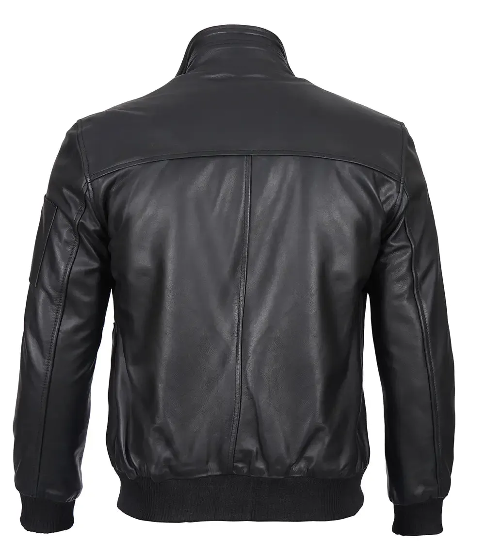 Men's Cafe Racer Black Leather Bomber Jacket