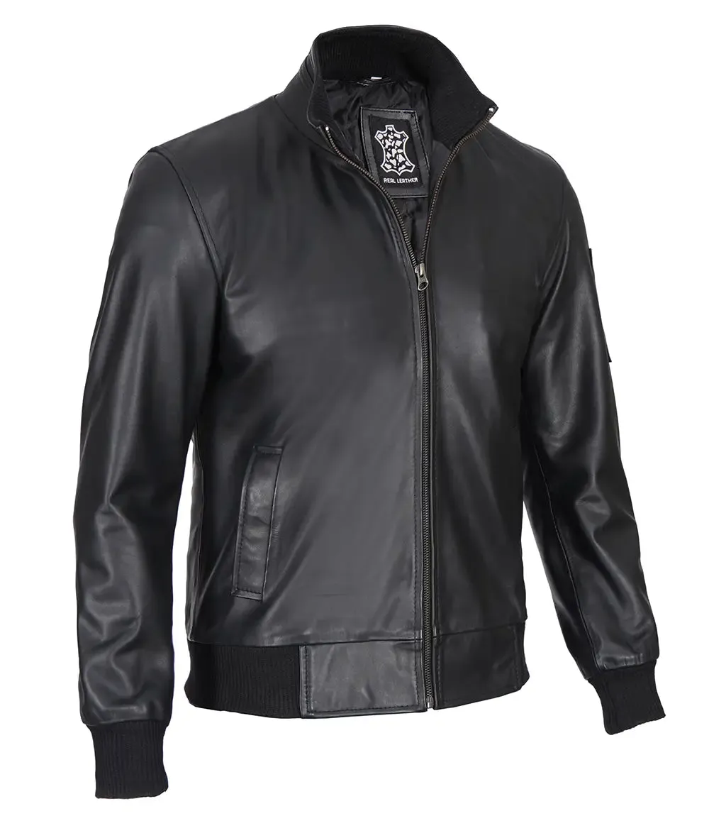 Men's Cafe Racer Black Leather Bomber Jacket