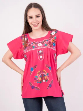 Mexican Tehuacan Full Embroidered Blouse Hot Pink