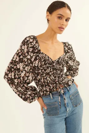 Moonlight Roses Floral Drawstring Peasant Top