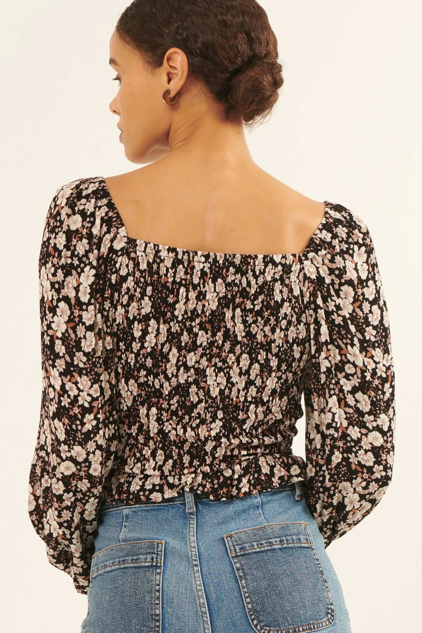 Moonlight Roses Floral Drawstring Peasant Top