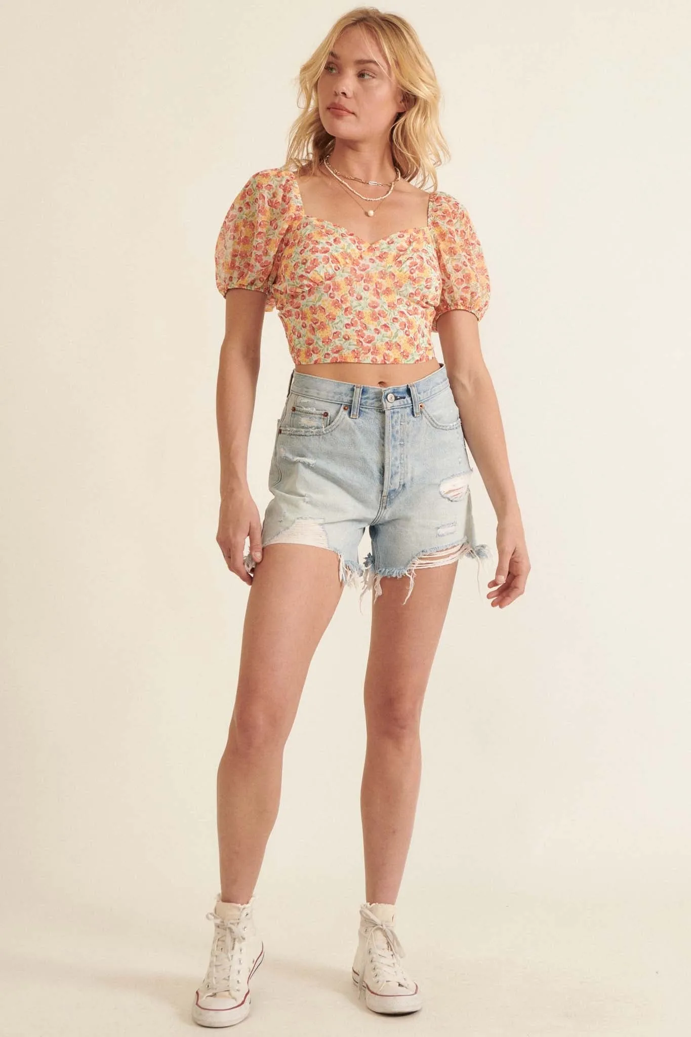 Morning Sun Floral Open-Back Puff-Sleeve Top