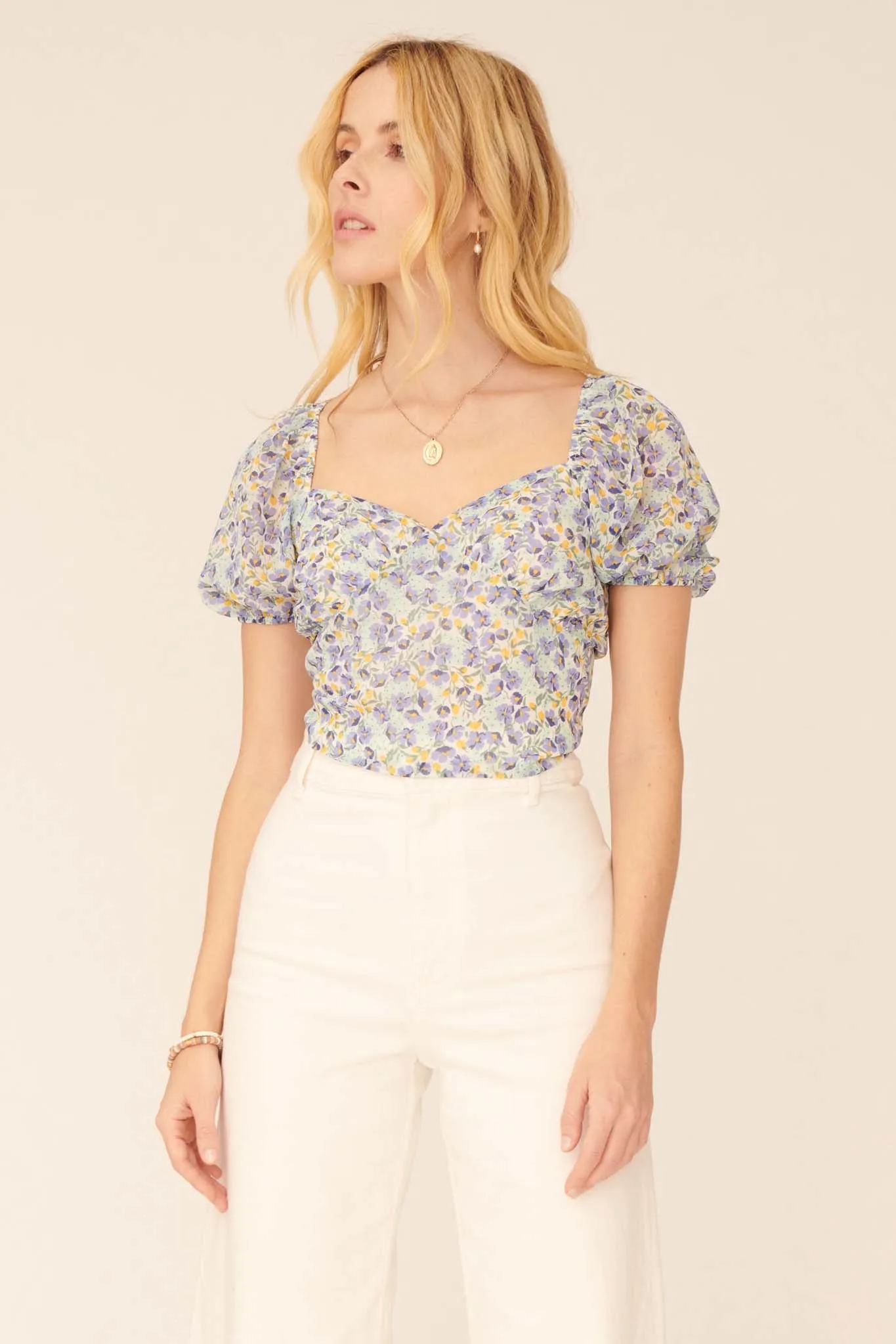 Morning Sun Floral Open-Back Puff-Sleeve Top