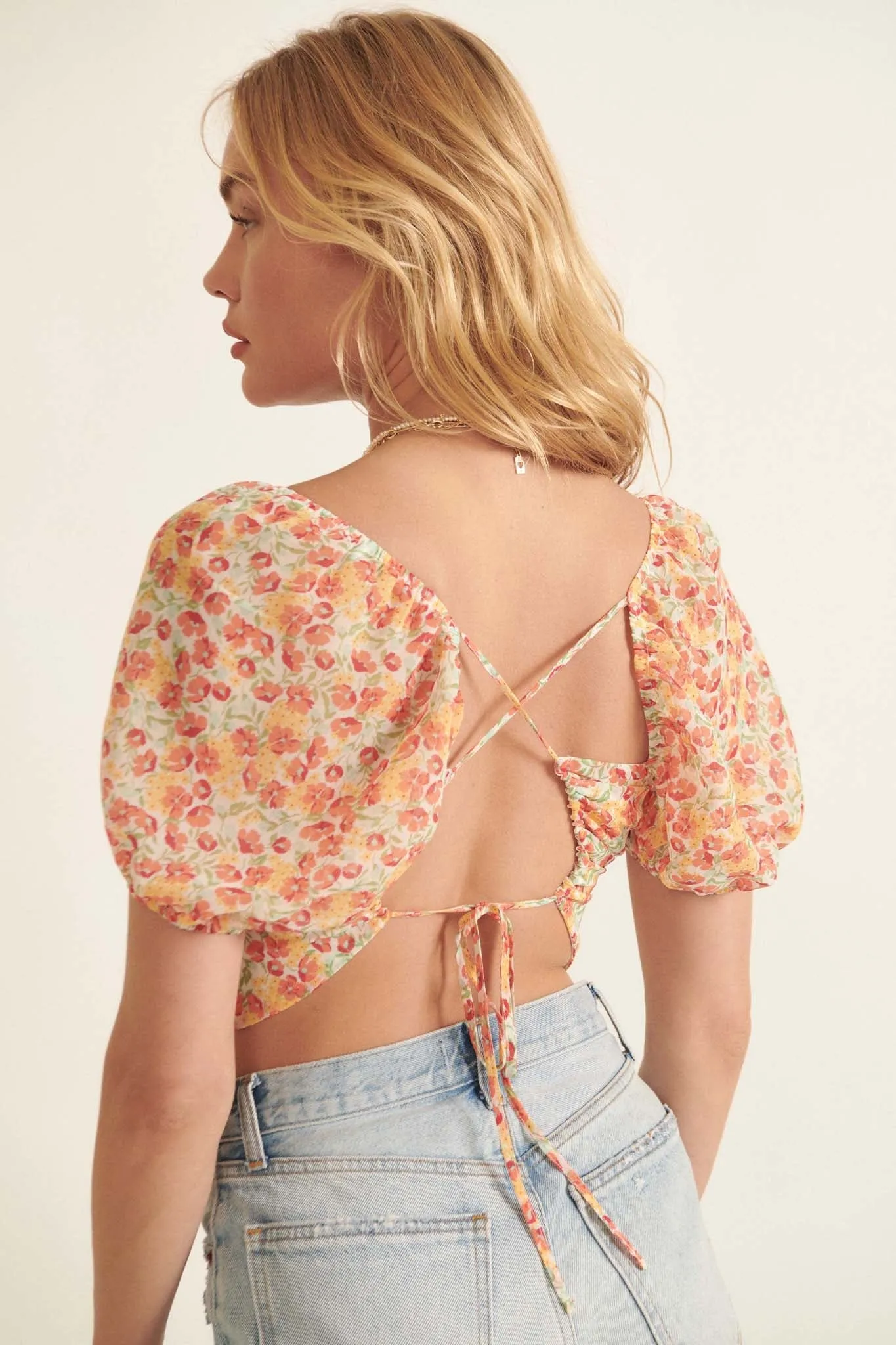 Morning Sun Floral Open-Back Puff-Sleeve Top