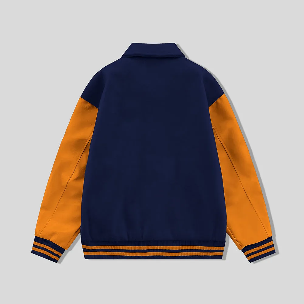 Navy Blue Byron Collar Wool & Leather Varsity Jacket Orange Sleeves - Jack N Hoods