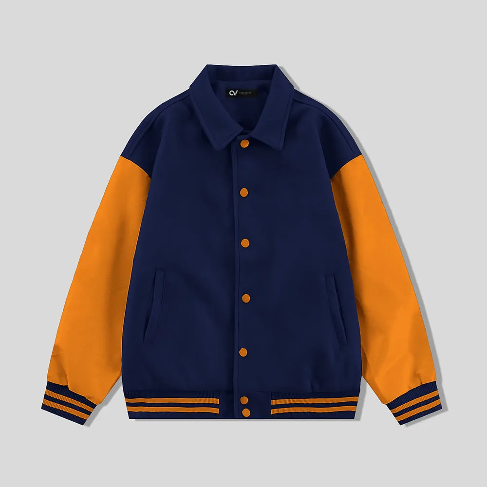 Navy Blue Byron Collar Wool & Leather Varsity Jacket Orange Sleeves - Jack N Hoods