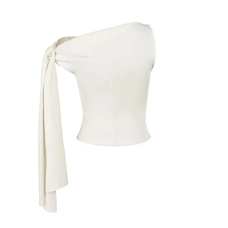 One-Shoulder Top in Cream with Bow Accent