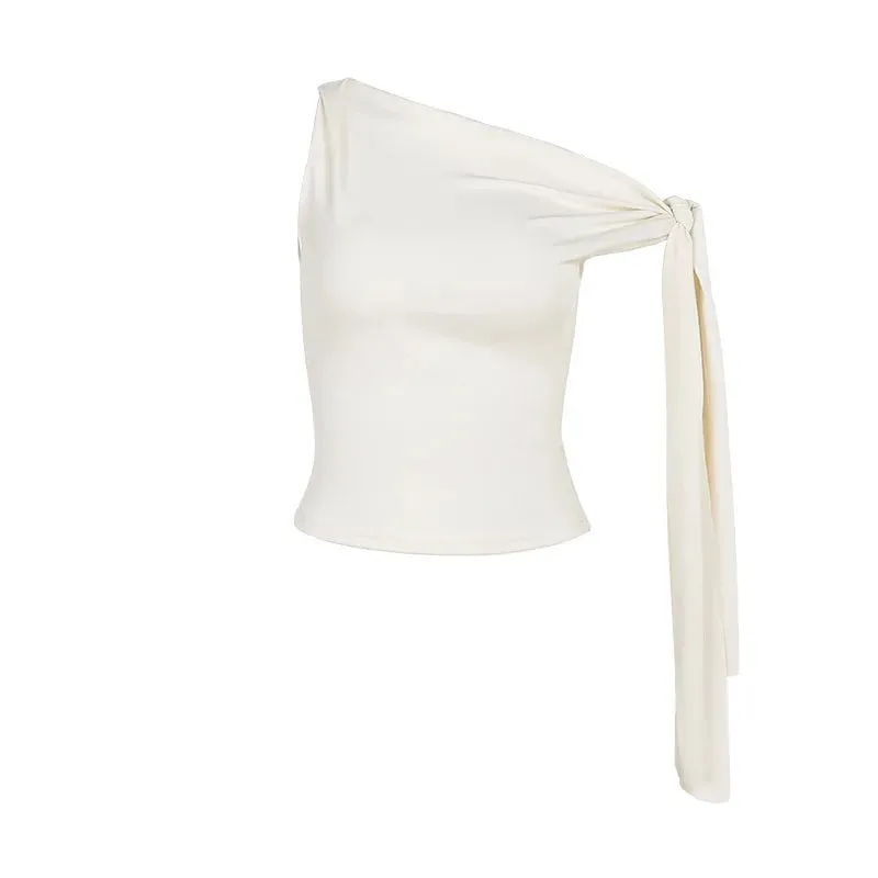 One-Shoulder Top in Cream with Bow Accent