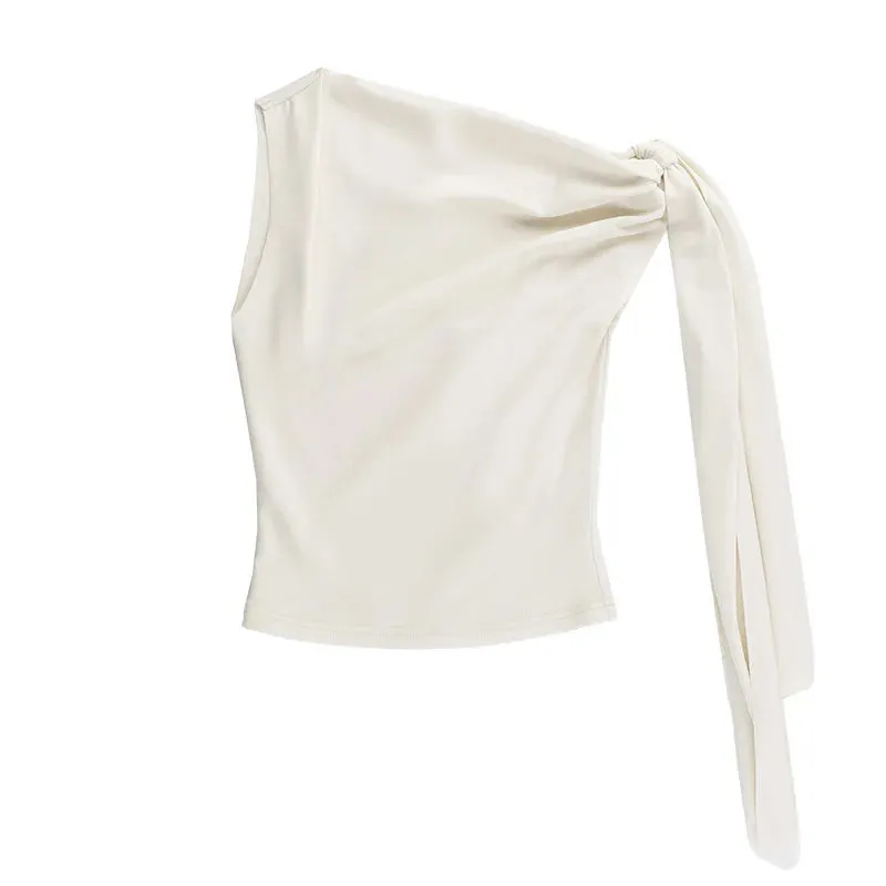 One-Shoulder Top in Cream with Bow Accent