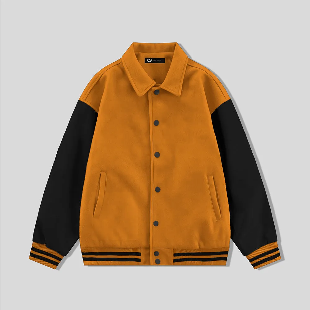 Orange Byron Collar Wool & Leather Varsity Jacket Black Sleeves - Jack N Hoods